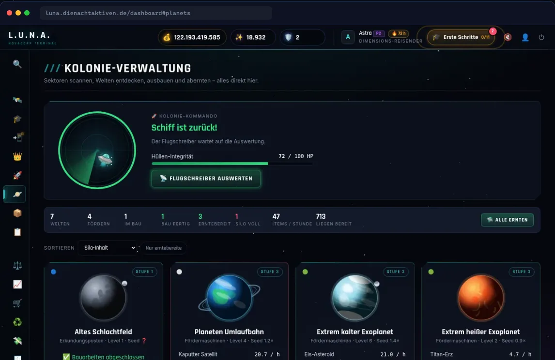 NovaCorp Terminal: colony overview in L.U.N.A.